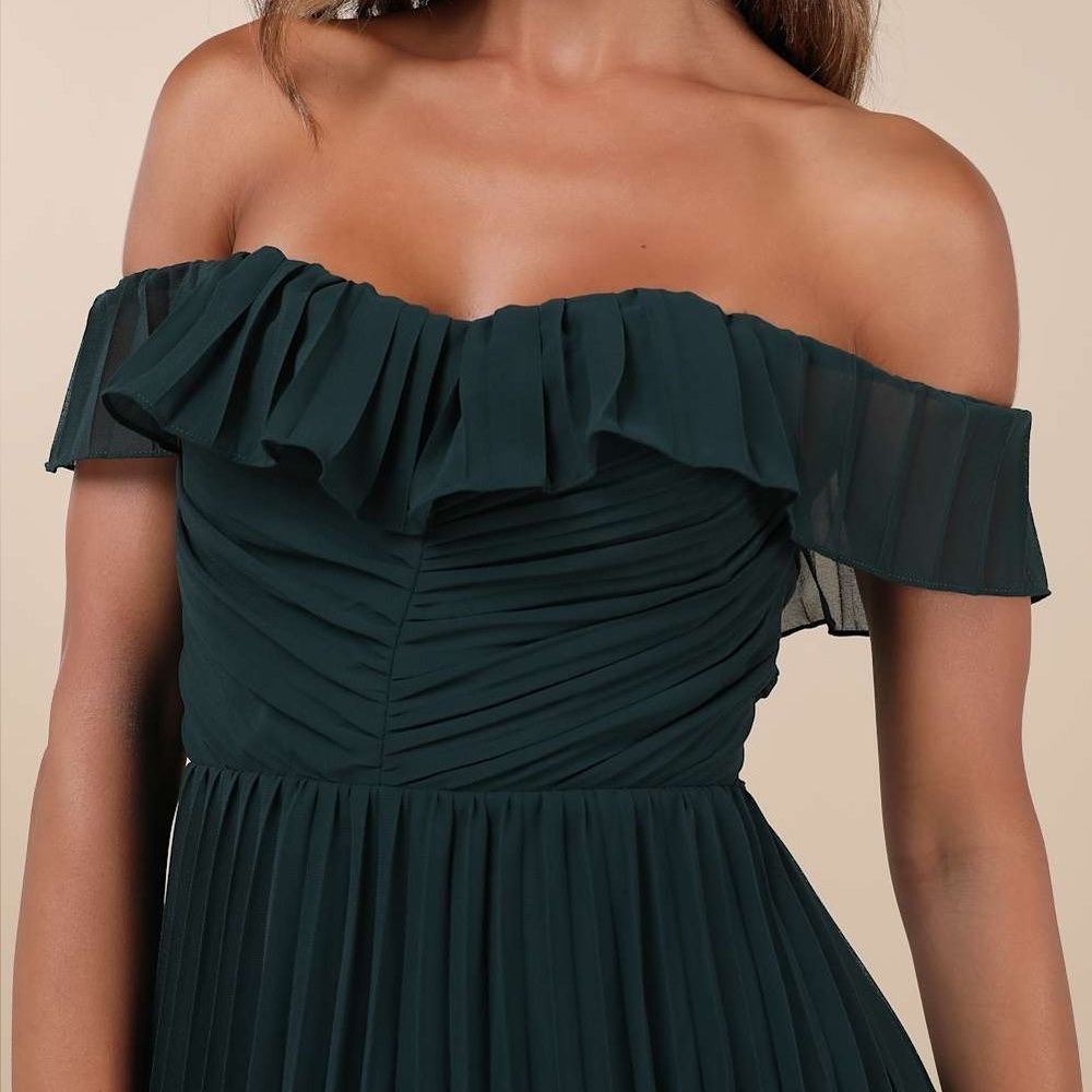 LULU'S Always Remarkable Emerald
Pleated Off The Shoulder Maxi
Dress - Picture 4 of 9